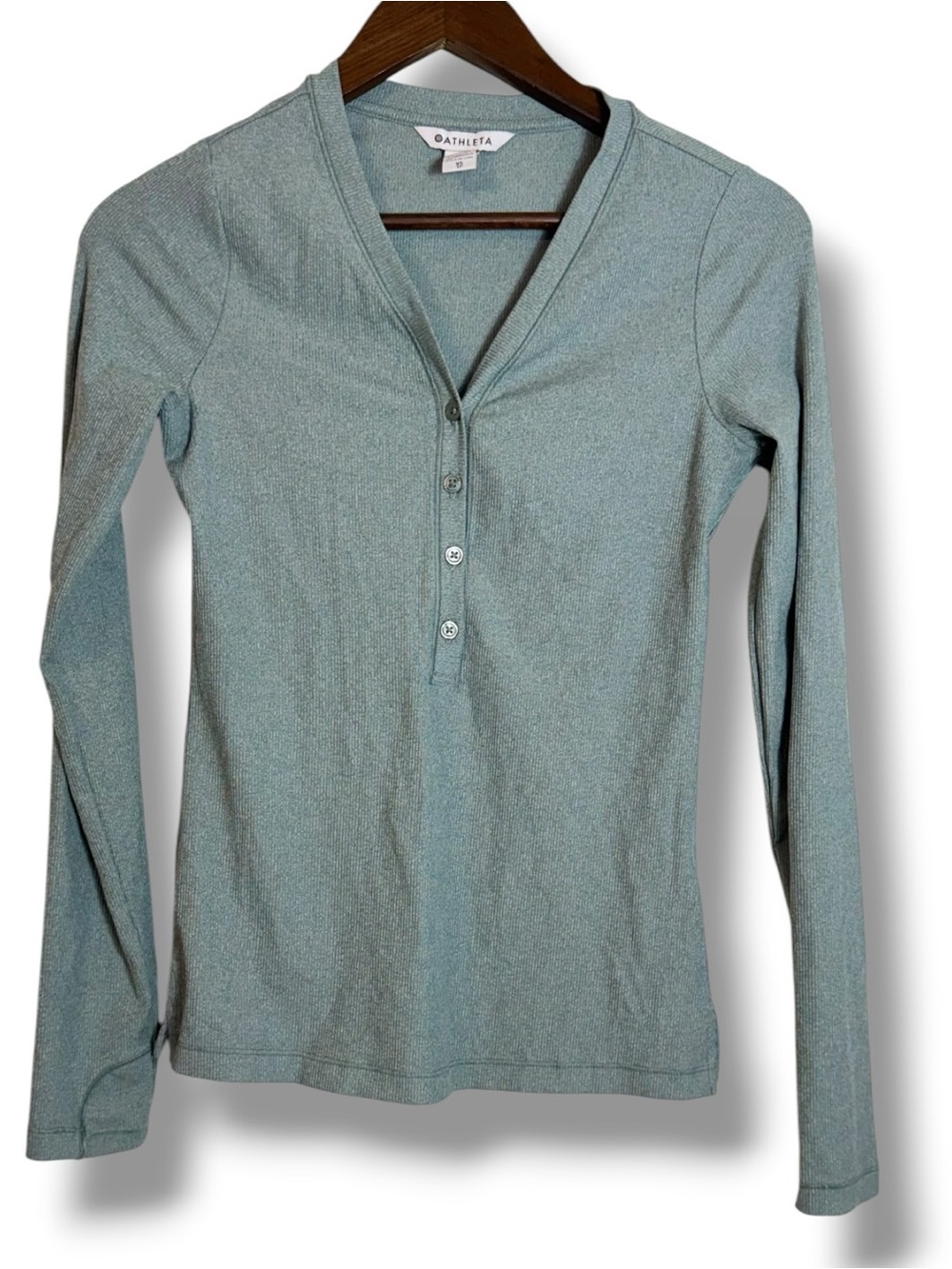 Athleta Uptempo Ribbed Henley Top Green Long Sleeve Shirt V-Neck XS Thumbholes